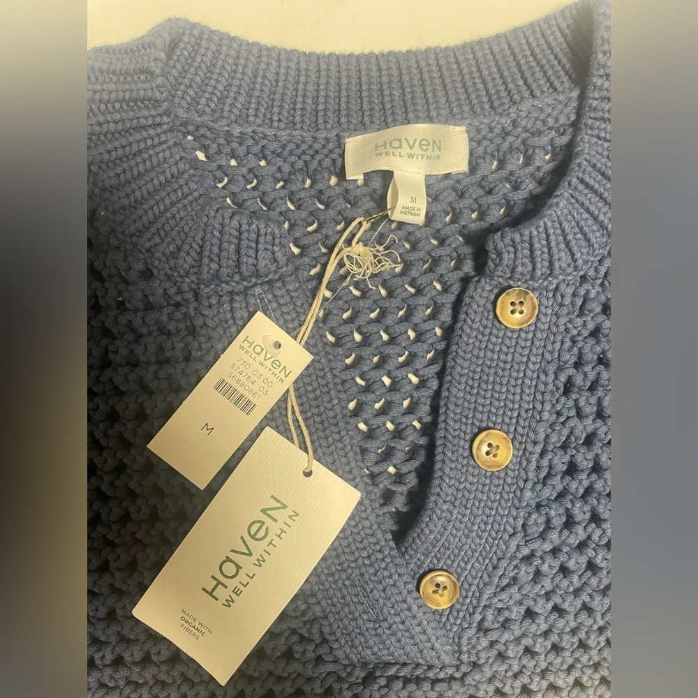 Haven Well Within Blue  Cable Knit Short Sleeve  Henley Sweater Women's‎ Medium - Picture 6 of 9